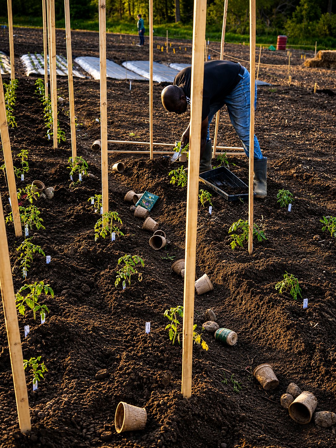A grower setting seedlings into staked rows at golden hour