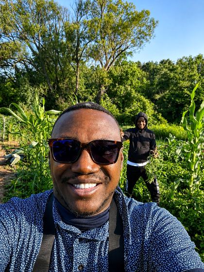 The team gathered in the field on a harvest morning